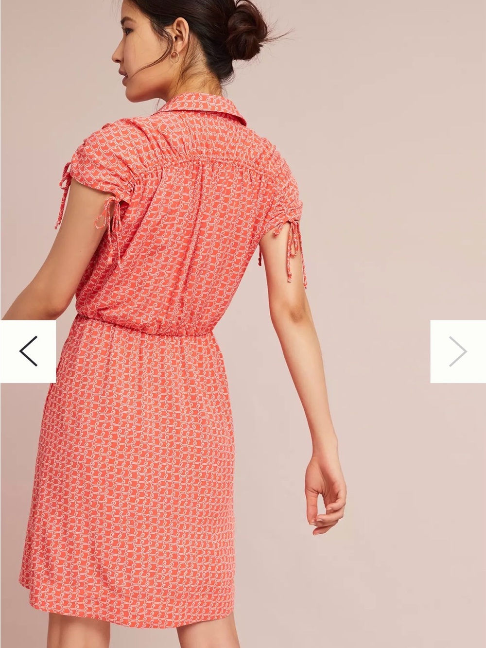 Anthro Maeve Carlotta Ruched Shirtdress Coral Print Tie Sleeve Sz S EUC flirty - Picture 3 of 16